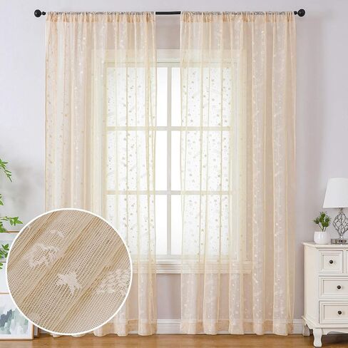 ستائر شفافة بنمط نجمة بيضاء بطول 63 بوصة، ستائر لطيفة شفافة لغرفة نوم الأطفال مكونة من مجموعتين من اللوحات وجيب قضيب من الدانتيل وستائر من التول المحبوكة ستائر نافذة من الفوال لغرفة المعيشة، بعرض 60 بوصة in Kuwait