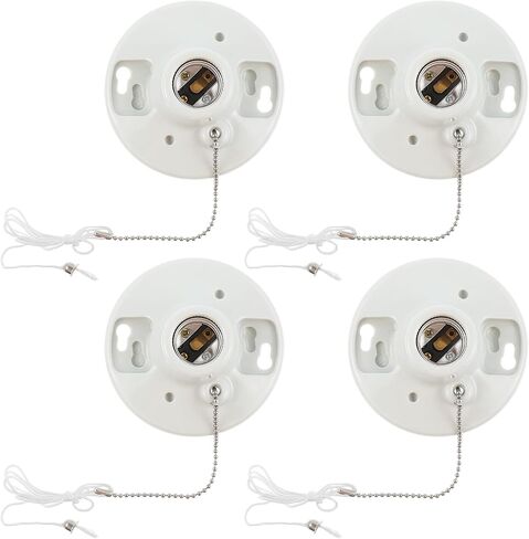 4 Pcs Porcelain Light Socket with Outlet and Pull Chain White Light Bulb Socket E27/E26 Socket Outlet Porcelain Pull Chain Ceiling Light Fixture for Indoor Garage Closet Lighting in Saudi Arabia