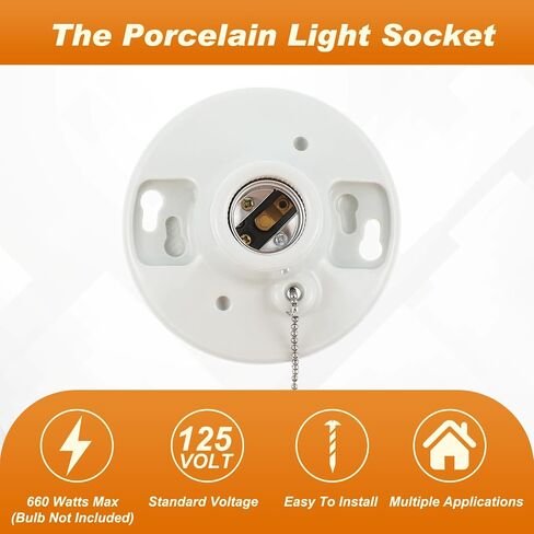 4 Pcs Porcelain Light Socket with Outlet and Pull Chain White Light Bulb Socket E27/E26 Socket Outlet Porcelain Pull Chain Ceiling Light Fixture for Indoor Garage Closet Lighting in Saudi Arabia