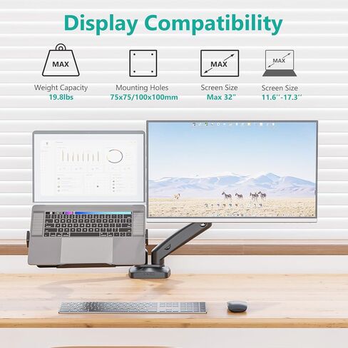 WALI Laptop Mount for Desk, Laptop Arm Mount for 17"-32"Computer Screen and 11.6" - 17.3" Notebook,Single Monitor Mount Holds up to 19.8lbs, Laptop Tray Stand with Gas Spring Arm GSMP001LP, (Black) in Saudi Arabia