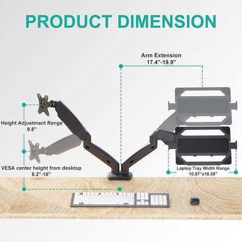WALI Laptop Mount for Desk, Laptop Arm Mount for 17"-32"Computer Screen and 11.6" - 17.3" Notebook,Single Monitor Mount Holds up to 19.8lbs, Laptop Tray Stand with Gas Spring Arm GSMP001LP, (Black) in Saudi Arabia