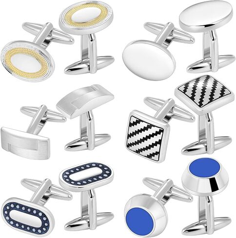 12 Pairs Cufflinks for Men Set, Classic Silver Black Striped Square Rectangle Cuff Links Mens for Shirt Suit, Groomsmen Business Elegant Gift. in Saudi Arabia