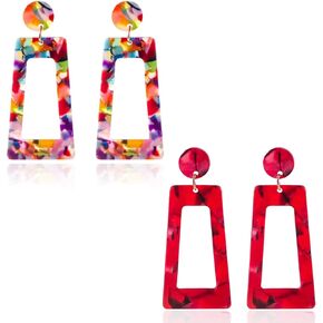 KaFu 2 pairs iridescence Mottled Tortoise Shell Acrylic Dangles Drop Earrings set For Women And Girls Bohemian rectangle geometry Resin Earrings Lightweight Statement Stud Earrings Jewelry
