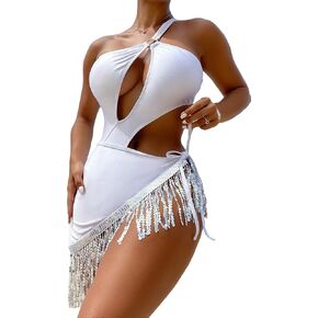 WDIRARA Women's 2 Piece Set Cut Out Fringe Hem Swimwear One Shoulder Onepiece Swimsuit