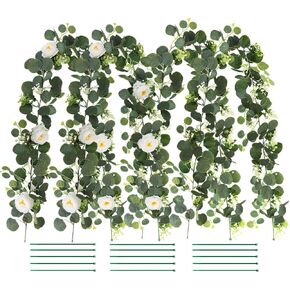 4 Pack Eucalyptu Garlands, 2 Eucalyptu Leaves with Flowers and 2 Eucalyptu Vines Artificial Leave Vine and 15 Cable Ties for Wedding Garden Decoration Table Bedroom Wall Room Decor