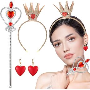 Liliful 3 Pcs Halloween Queen Cosplay Costume Accessories Crown Headband Heart Rhinestone Scepter Wand Heart Dangle Earrings