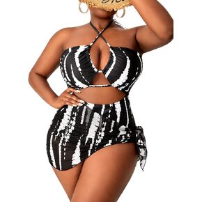 WDIRARA Women's Plus Size 3 Pieces Tie Dye Criss Cross Halter Swimsuit Monokini with Beach Skirt