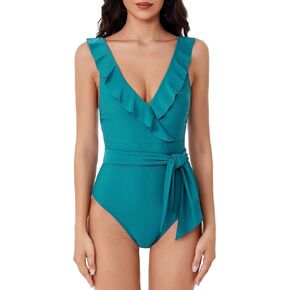Women's Standard Kelly Ruffle One Piece Swimsuit, Plunge V-Neck, Bathing Suits