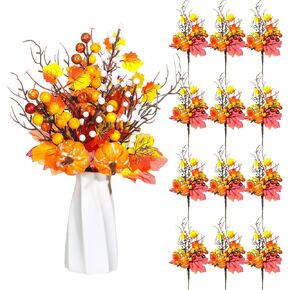 Hotop 12 Pcs Fall Stems Artificial Berry Floral Picks and Sprays 13.78 Inch with Autumn Maple Leaves Harvest Branches Decoration for Thanksgiving Halloween Decor Table Centerpiece(Pumpkin Style)