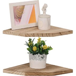 Corner Wall Shelves Set of 2, Rustic Wood Corner Floating Shelves with Cable raceway, Wall Mount Storage Display for TV Accessories, Baby Monitor, Speaker, Cable Box (Black, Diamond- 10 Inch)