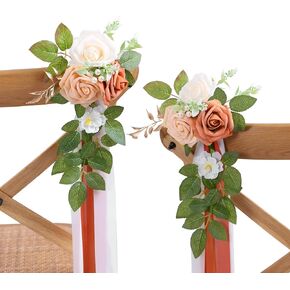 Set of 10 Wedding Aisle Decorations for Ceremony, Terracotta Pew Flowers for Church Chair Decorations, Chair Back Floral Decorations with Chiffon Ribbon