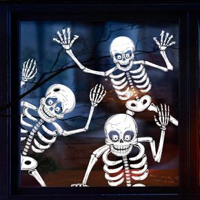Halloween Skeleton Stickers, 4 Sheets 3 Horrible Skeleton Window Stickers Scary Halloween Window Stickers Halloween Window Decorations Decals for Indoor Glass Door Mirror Bathroom
