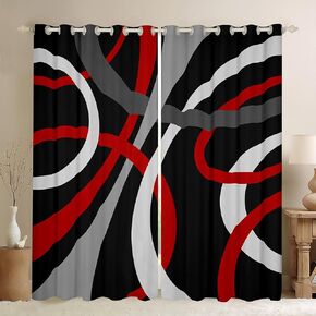 Feelyou Kids Red Black Gray Geometric Curtains Retro Circle Swirls Window Curtains Circle Stripes Geometric 30%-50% Blackout Curtain Boys Geometric Abstract Window Treatments, 2 Panels 42 X 63 Inch
