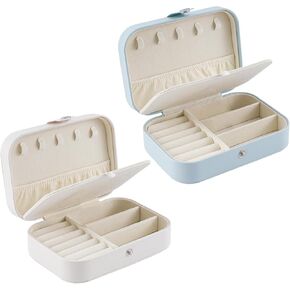 Travel Jewelry Box, PU Leather Small Jewelry Organizer for Women Girls, Double Layer Portable Mini Travel Case Display Storage Holder Boxes for Stud Earrings, Rings,Necklaces,Bracelets (white&blue).