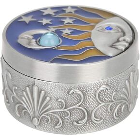 Round Jewelry Box, Jewelry Storage Box, Vintage Star Moon Pattern Trinket Box Decorative Tin Gift with Lids Flannelette Lining for Ring Necklaces Earrings Keepsake Organizer Home(Pewter)