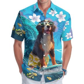 Dog Men's Button Shirt, Tropical Dog Hawaiian Shirt for Unisex, Summer Birthday Gift for Men, Beach Men's T-Shirt