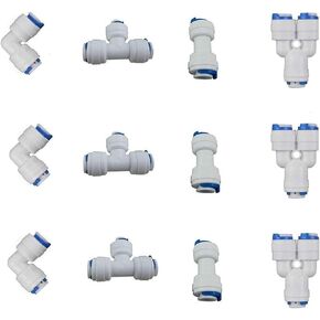 Lemoy 3/8 inch OD Quick Connect Push In to Connect Water Tube Fitting Set Of 12(Y+T+I+L Type Combo)