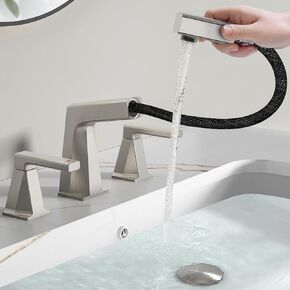 MIAOHUI Pull Out Bathroom Faucets 3 Hole, 8 Inch Widespread Bathroom Sink Faucet, Double Handle Vanity Faucet for Bathroom Sink, Matte Black Sink Faucet Bathroom with Pop-up Drain and Supply Lines
