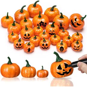 24 Pcs Artificial Mini Pumpkin for Decorating Fall Pumpkin for Halloween Thanksgiving Harvest Home Party Decoration Small Pumpkin Table Centerpieces, 3 Size Pumpkin with DIY Black Marker