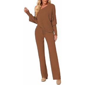 AOHITE Womens 2 Piece Outfits One-Shoulder Knit Pullover Sweaters Top Wide Leg Pants Sets Sweatsuit Tracksuit in Kuwait
