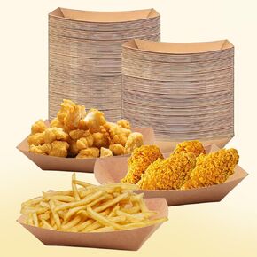 Keweilian 60 Pack 2lb Kraft Paper Food Trays, Heavy-Duty Paper Food Boat Disposable Serving Basket Tray for French Fries Nachos Snack Hot Dog Taco BBQ Popcorn Party Picnic Wedding Party (Brown)