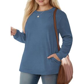 DOLNINE Womens-Plus-Size-Sweatshirts with Pockets Ruched Shoulder Long Sleeve Tops Casual Loose Shirts Trendy Tunics XL-5XL