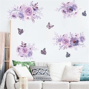 Purple Flower Wall Stickers DIY Watercolor Flowers Butterfly Wall Decals Beautiful Floral Nature Plant Vinyl Removable Wall Decor Posters for Teens Girls Room Living Room
