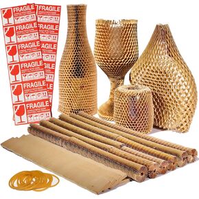 15Pcs Honeycomb Packing Paper, Bubble Cushioning Wrap for Moving Shipping with 12PCS Fragile Sticker Labels, Recyclable Shipping Supplies