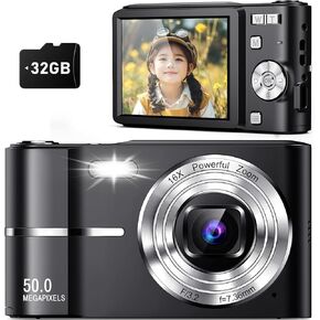 Upgrade Digital Camera, 50MP Full High Definition 1080P Camera with 16x Zoom Anti Shake, Compact Camera with 2000s Vibe, Kids Camera with 32GB SD Card,2 Batteries-Pink