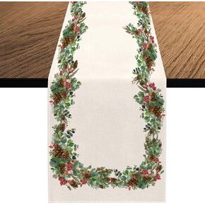 Watercolor Christmas Wreath Table Runner, Seasonal Xmas Pine Cone Berry Winter Holiday Kitchen Dining Table Decoration for Indoor Outdoor Home Party Decor 13 x 70 Inch
