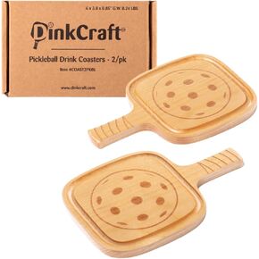 Pickleball Drink Coasters, 2/Pack, Pickleball Gift, Party Decoration, Birch Wood Coaster Set, 3.5 x 3.5", Paddle Shape with Handle, Varnished Finish