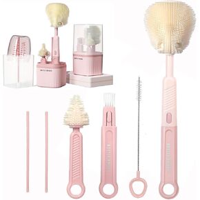 Baby Bottle Brush, 6 in 1 Portable Nursing Bottle Brush Set with Silicone Bottle Brush,Drying drain pole,Nipple Brush,Straw Brush and Storage Box,Ideal Gifts for Babies& Moms. (Green)