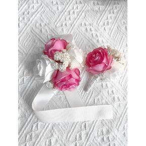 Hot Pink Rose Wrist Corsage Wristlet Band Bracelet and Men Boutonniere Set for White Wedding Flower Accessories Prom Suit Decorations