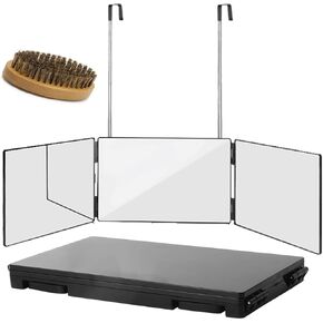 3 Way Trifold Haircut Mirror with Integrated Beard Brush, 360 Mirror for Hair Cutting, Portable for Travel, Bedrooms, Bathroom (Black)