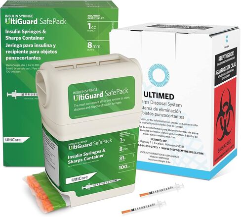 3 في 1: مجموعة محاقن الأنسولين الآمنة من UltiGuard، وحاوية الأدوات الحادة ومواد التخلص من البريد المدفوع مسبقًا لحقن الأنسولين في المنزل والتخلص الآمن من الإبرة، الحجم: 1 سم مكعب/مل 31 جم × 8 مم (5/16 بوصة)، 100 قطعة in Kuwait