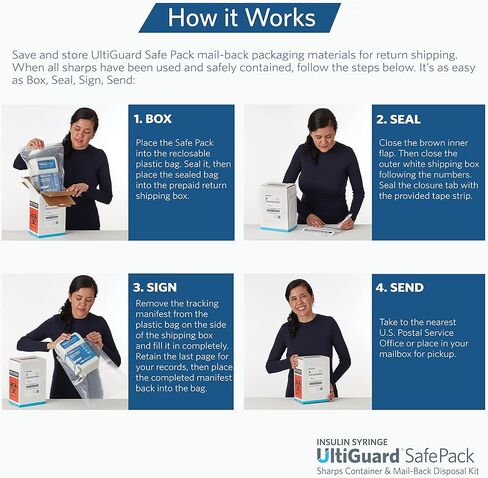 3 في 1: مجموعة محاقن الأنسولين الآمنة من UltiGuard، وحاوية الأدوات الحادة ومواد التخلص من البريد المدفوع مسبقًا لحقن الأنسولين في المنزل والتخلص الآمن من الإبرة، الحجم: 1 سم مكعب/مل 31 جم × 8 مم (5/16 بوصة)، 100 قطعة in Kuwait