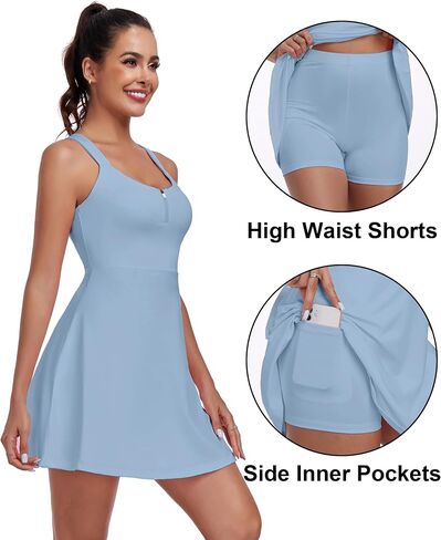 Tennis Golf Dress Womens Backless Cross Strap Athletic Dress with Shorts Workout Zipper Square Neck Dress in Saudi Arabia