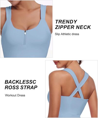 Tennis Golf Dress Womens Backless Cross Strap Athletic Dress with Shorts Workout Zipper Square Neck Dress in Saudi Arabia