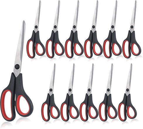 مقص 8.5 بوصة، 12 قطعة من مقصات المكتب متعددة الأغراض من الفولاذ المقاوم للصدأ، مقص منزلي مريح، لوازم حرفية حادة قوية، أسود وأحمر، اليد اليمنى/اليسرى in Kuwait