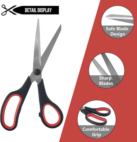 مقص 8.5 بوصة، 12 قطعة من مقصات المكتب متعددة الأغراض من الفولاذ المقاوم للصدأ، مقص منزلي مريح، لوازم حرفية حادة قوية، أسود وأحمر، اليد اليمنى/اليسرى in Kuwait