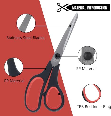 مقص 8.5 بوصة، 12 قطعة من مقصات المكتب متعددة الأغراض من الفولاذ المقاوم للصدأ، مقص منزلي مريح، لوازم حرفية حادة قوية، أسود وأحمر، اليد اليمنى/اليسرى in Kuwait