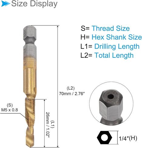 Combination Drill and Tap Bit, M10 x 1.5 Thread Size 1/4" Hex Shank, Titanium Coated High Speed Steel Long Tools - (Applications: for Aluminum Stainless Steel Plastic Long) in Saudi Arabia