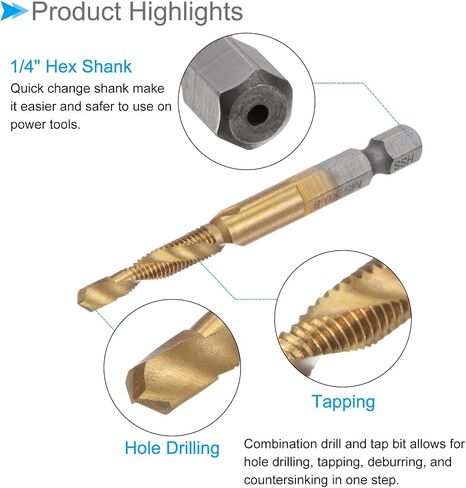Combination Drill and Tap Bit, M10 x 1.5 Thread Size 1/4" Hex Shank, Titanium Coated High Speed Steel Long Tools - (Applications: for Aluminum Stainless Steel Plastic Long) in Saudi Arabia
