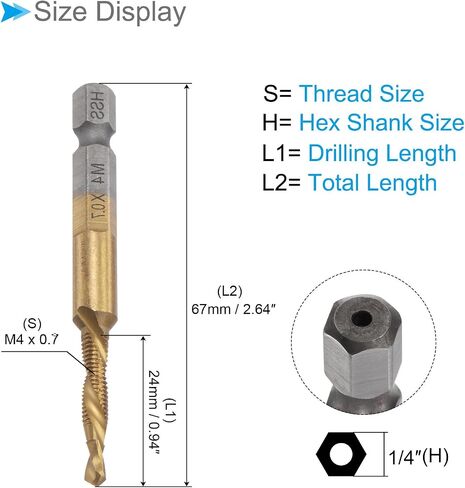 Combination Drill and Tap Bit, M10 x 1.5 Thread Size 1/4" Hex Shank, Titanium Coated High Speed Steel Long Tools - (Applications: for Aluminum Stainless Steel Plastic Long) in Saudi Arabia