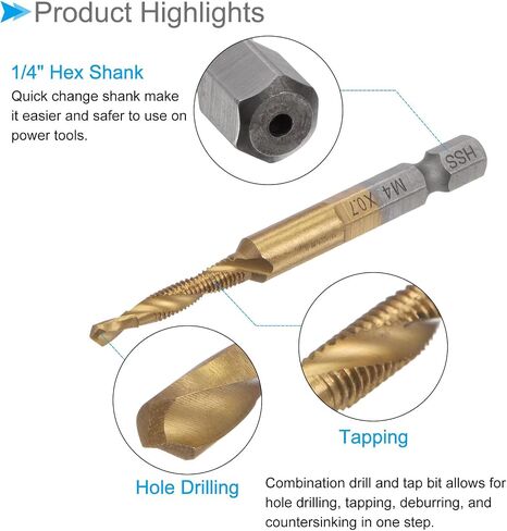 Combination Drill and Tap Bit, M10 x 1.5 Thread Size 1/4" Hex Shank, Titanium Coated High Speed Steel Long Tools - (Applications: for Aluminum Stainless Steel Plastic Long) in Saudi Arabia