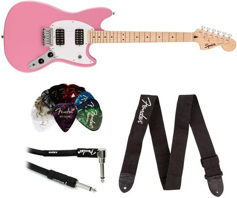 Fender Squire Sonic Mustang Electric Guitar, California Blue, Laurel Fingerboard Bundle with Classic Celluloid Guitar Picks, 12-Pack, Professional Instrument Cable (10ft) and Logo Guitar Strap. in Saudi Arabia