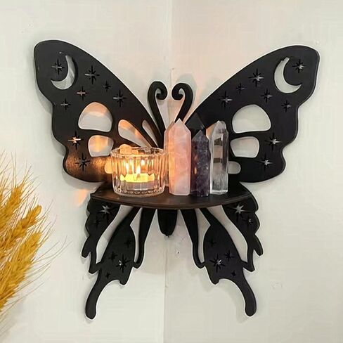 TANG SONG Butterfly Moon Star Bohemian Style Wooden Corner Shelf Decorative Shelf Floating Wall Mounted Crystal Shelf Corner Shelves for Bedroom Kitchen Office Living Room (Black) in Kuwait