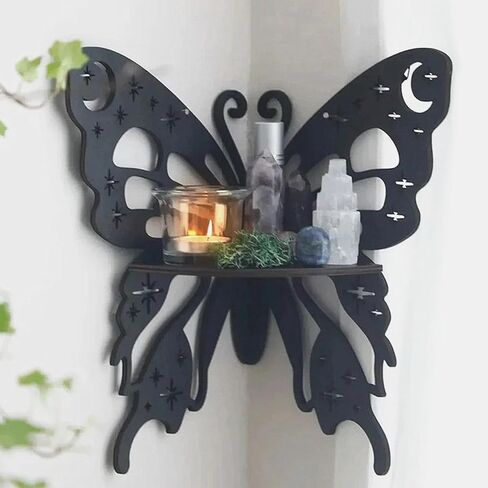 TANG SONG Butterfly Moon Star Bohemian Style Wooden Corner Shelf Decorative Shelf Floating Wall Mounted Crystal Shelf Corner Shelves for Bedroom Kitchen Office Living Room (Black) in Kuwait