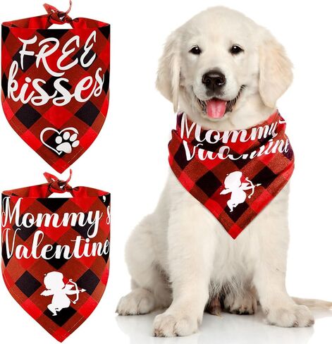 2 Pieces Valentines Day Dog Bandana Buffalo Plaid Valentine Scarf Red Black Checked Puppy Bandanas Personalized Dog Bandana Custom Dog Bandana for Pets Dogs Cats Accessories in Kuwait