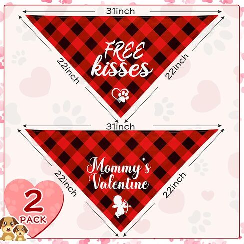 2 Pieces Valentines Day Dog Bandana Buffalo Plaid Valentine Scarf Red Black Checked Puppy Bandanas Personalized Dog Bandana Custom Dog Bandana for Pets Dogs Cats Accessories in Kuwait